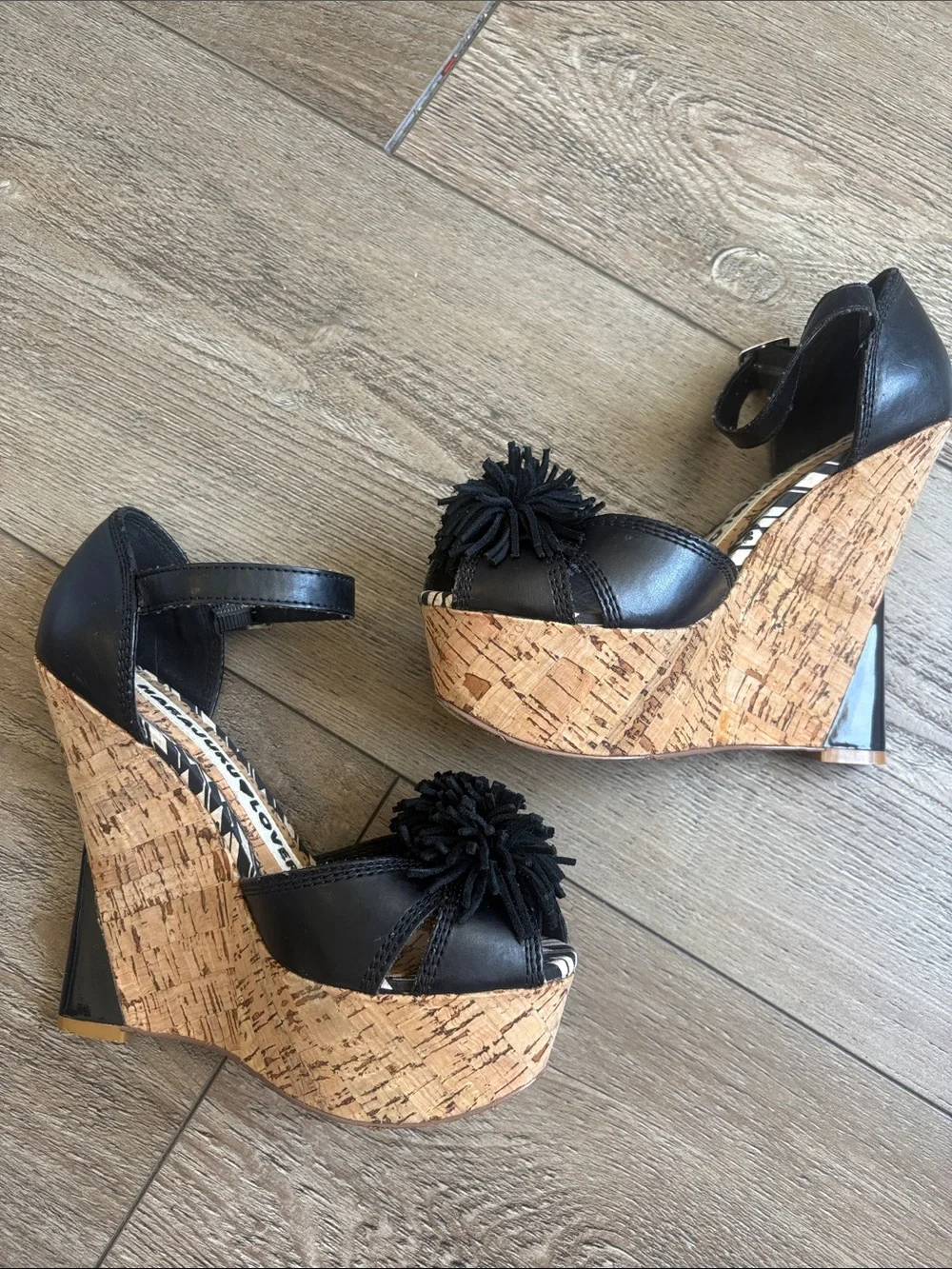 Harajuku Lovers Gwen Stefani Black Cork Platform Wedges w Black Leather Pom Poms
